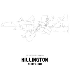 Millington Maryland. US street map with black and white lines.