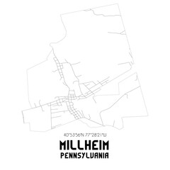 Millheim Pennsylvania. US street map with black and white lines.