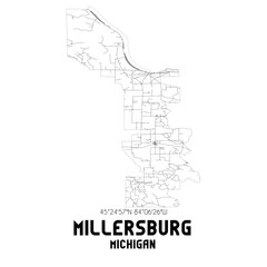 Millersburg Michigan. US street map with black and white lines.