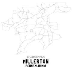 Millerton Pennsylvania. US street map with black and white lines.