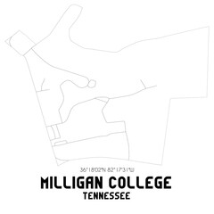 Milligan College Tennessee. US street map with black and white lines.