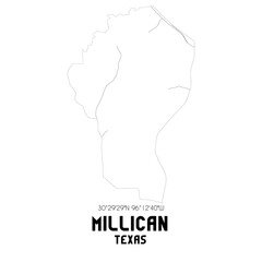 Millican Texas. US street map with black and white lines.