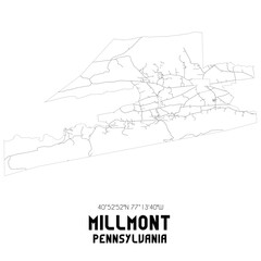 Millmont Pennsylvania. US street map with black and white lines.