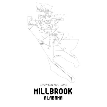 Millbrook Alabama. US street map with black and white lines.