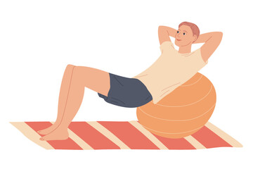 Man doing fitness exercises with fit ball at home