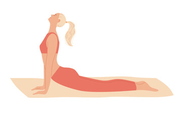 Woman exercises at home, stretches out, curves her back lying on the floor