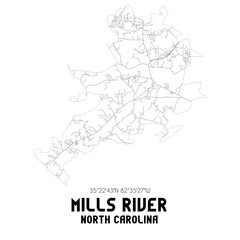 Fototapeta na wymiar Mills River North Carolina. US street map with black and white lines.