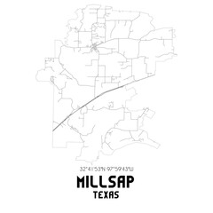 Millsap Texas. US street map with black and white lines.