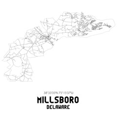 Millsboro Delaware. US street map with black and white lines.