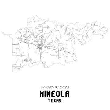Mineola Texas. US street map with black and white lines.