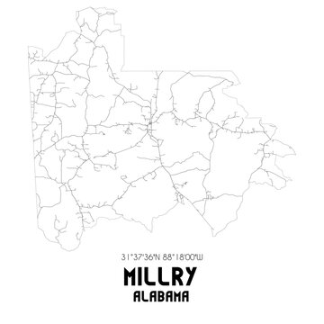 Millry Alabama. US street map with black and white lines.