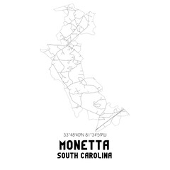 Monetta South Carolina. US street map with black and white lines.