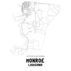 Monroe Louisiana. US street map with black and white lines.