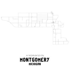 Montgomery Michigan. US street map with black and white lines.