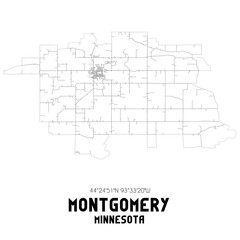 Montgomery Minnesota. US street map with black and white lines.