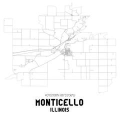 Monticello Illinois. US street map with black and white lines.