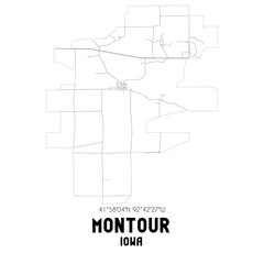 Montour Iowa. US street map with black and white lines.