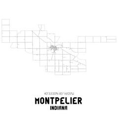 Montpelier Indiana. US street map with black and white lines.