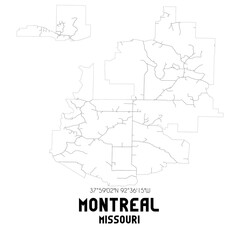 Montreal Missouri. US street map with black and white lines.