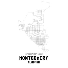 Montgomery Alabama. US street map with black and white lines.