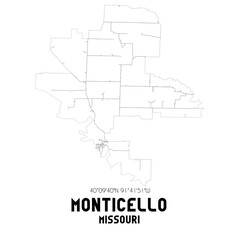 Monticello Missouri. US street map with black and white lines.