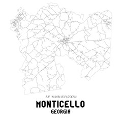 Monticello Georgia. US street map with black and white lines.