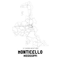 Monticello Mississippi. US street map with black and white lines.
