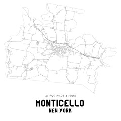 Monticello New York. US street map with black and white lines.