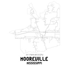 Mooreville Mississippi. US street map with black and white lines.