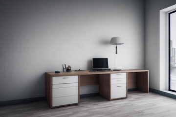 Office interior with furniture and paraphernalia. Office mockup with table and chairs, open space room for the placement of corporate attributes of the company. 3D
