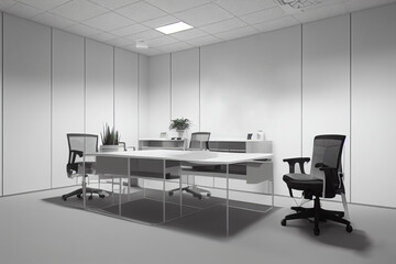 Office conference room, black and white office interior, office table and chairs. Mockup of the corporate room for the placement of corporate attributes of the company. 3D office rendering.
