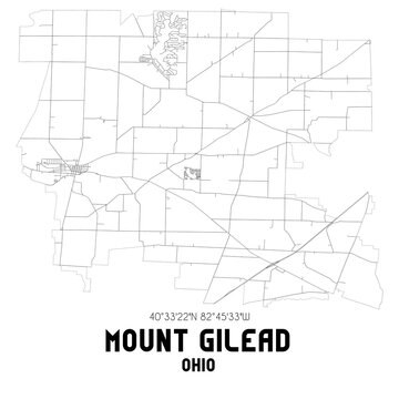 Mount Gilead Ohio. US street map with black and white lines.