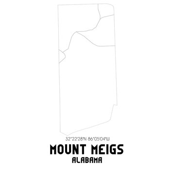 Mount Meigs Alabama. US street map with black and white lines.