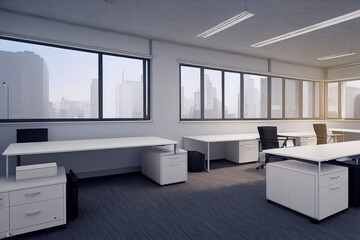 Office space with tables and chairs. Room for office workers open space. Office room for the placement of corporate attributes of the company. 3D office rendering.
