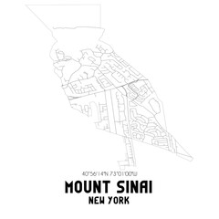 Mount Sinai New York. US street map with black and white lines.