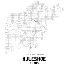 Muleshoe Texas. US street map with black and white lines.