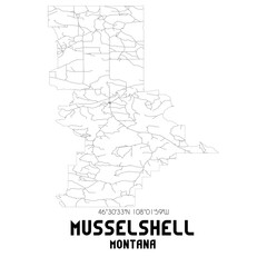 Musselshell Montana. US street map with black and white lines.