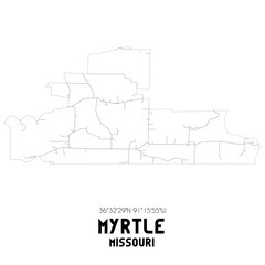 Myrtle Missouri. US street map with black and white lines.