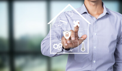 Smart home icons on virtual screen.