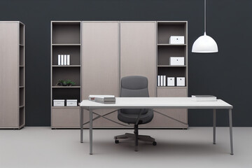 A separate director's office. Room with a table and chair of the head, cabinets and attributes of the office space. Director's room mockup for the placement of corporate attributes of the company. 3D

