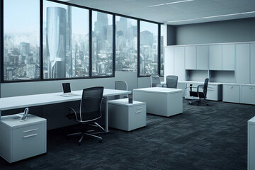 Obraz na płótnie Canvas Office space with tables and chairs. Room for office workers open space. Office room for the placement of corporate attributes of the company. 3D office rendering. 
