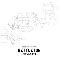 Fototapeta na wymiar Nettleton Mississippi. US street map with black and white lines.