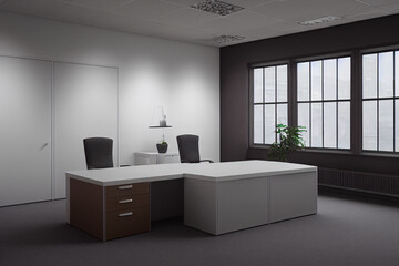 A separate director's office. Room with a table and chair of the head, cabinets and attributes of the office space. Director's room mockup for the placement of corporate attributes of the company. 3D 