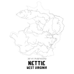 Nettie West Virginia. US street map with black and white lines.