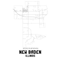 New Baden Illinois. US street map with black and white lines.