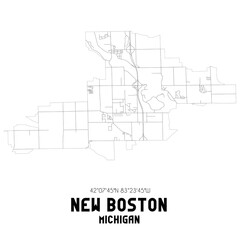 New Boston Michigan. US street map with black and white lines.