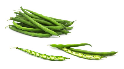 Fresh organic green beans whole and cut isolated on white background.	