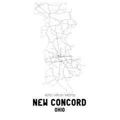 New Concord Ohio. US street map with black and white lines.