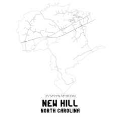 New Hill North Carolina. US street map with black and white lines.