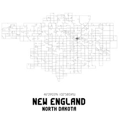 New England North Dakota. US street map with black and white lines.